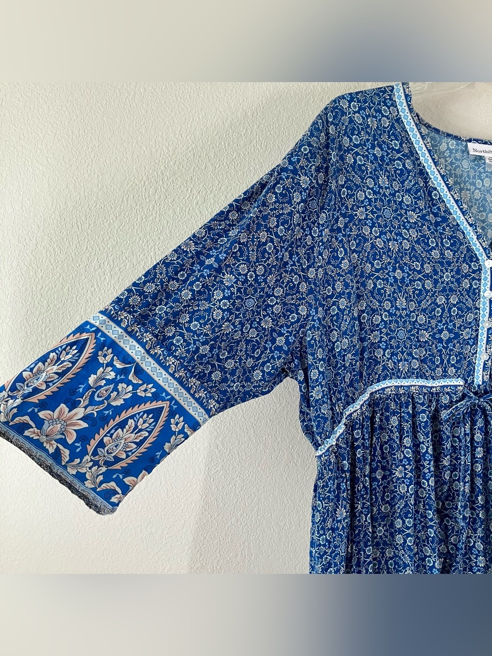 Plus Size Babydoll Peasant Tunic Dress 2X Ditsy Floral Boho Resort Festival Blue - Picture 4 of 10